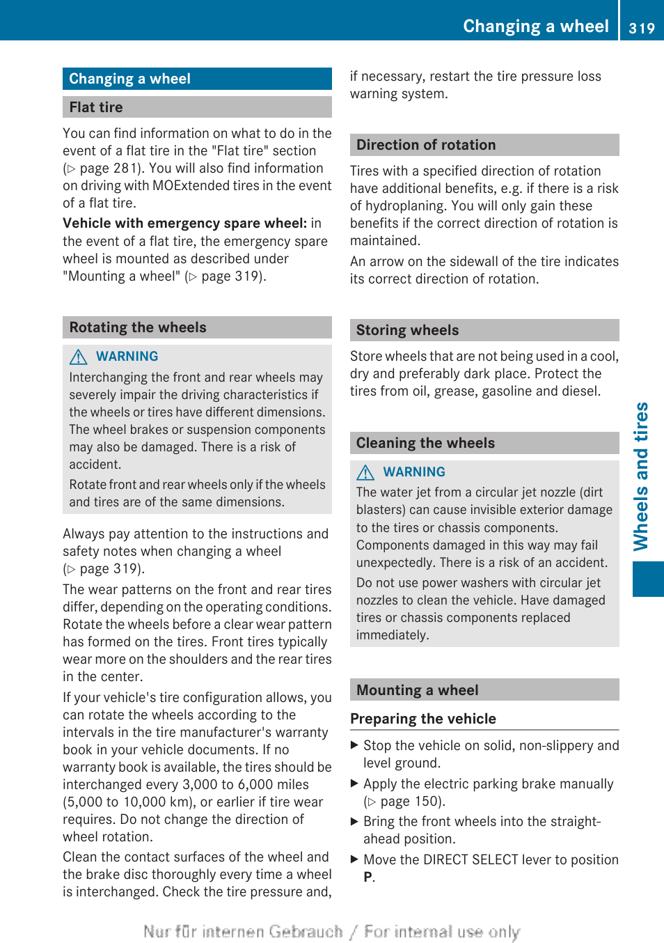 Changing a wheel, Flat tire, Rotating the wheels | Direction of rotation, Storing wheels, Cleaning the wheels, Mounting a wheel, Wheels and tires | Mercedes-Benz 2012 B Class User Manual | Page 321 / 340