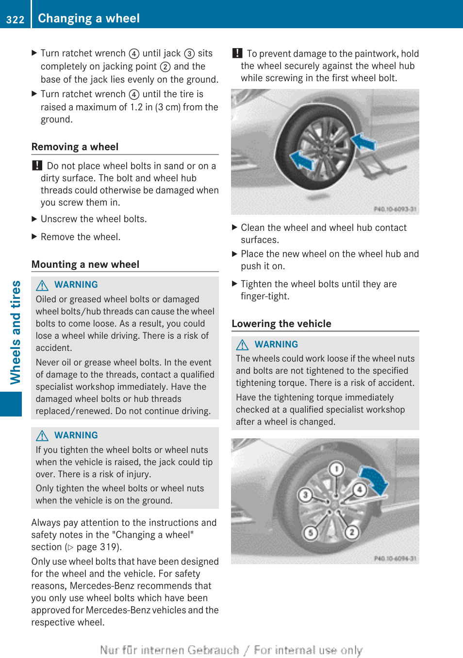 Wheels and tires, Changing a wheel | Mercedes-Benz 2012 B Class User Manual | Page 324 / 340