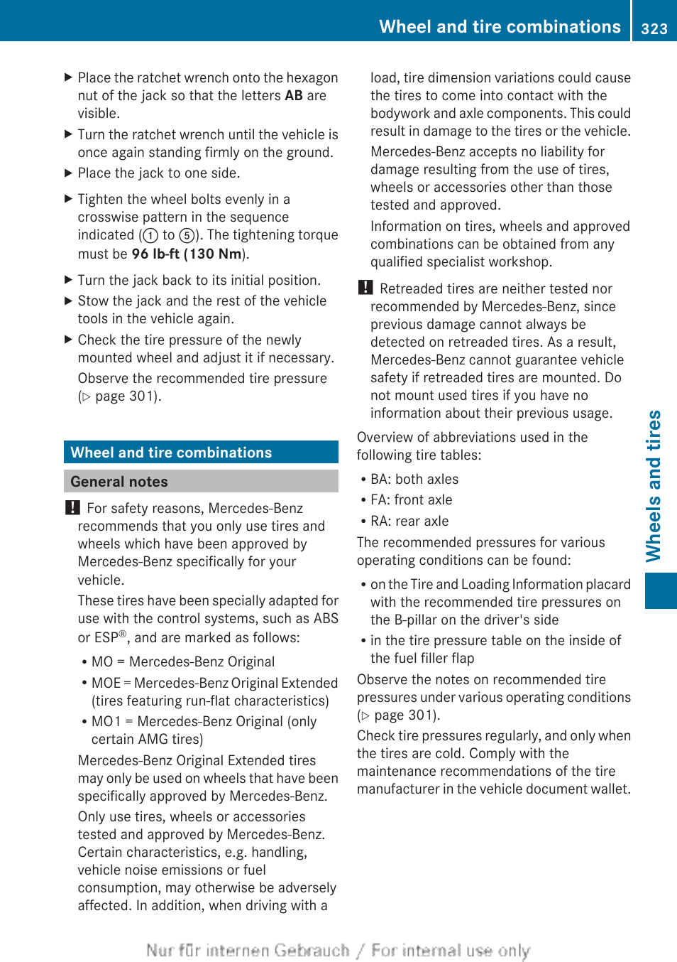 Wheel and tire combinations, General notes, Wheels and tires | Mercedes-Benz 2012 B Class User Manual | Page 325 / 340