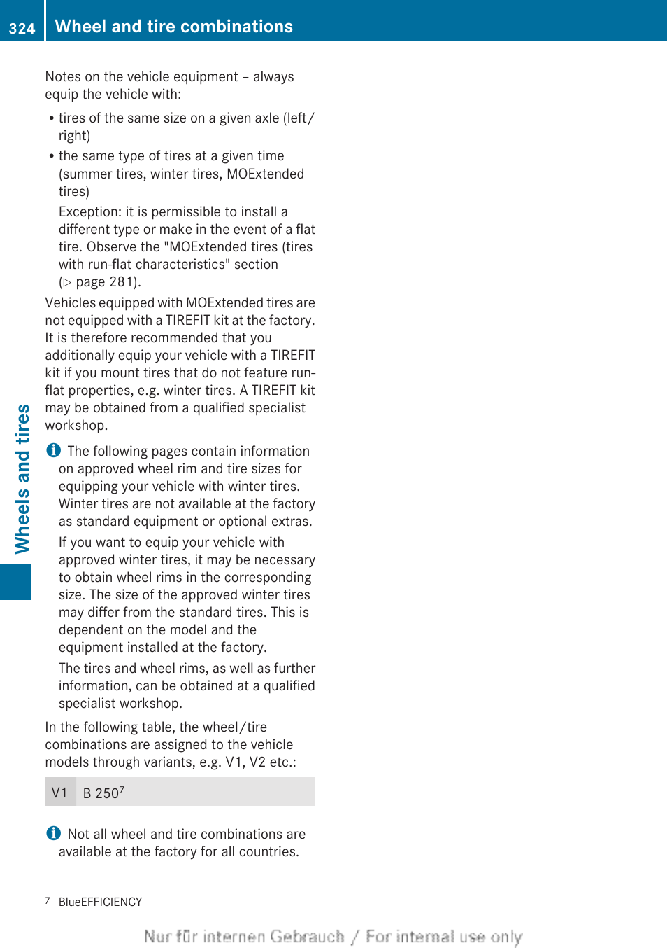 Wheels and tires, Wheel and tire combinations | Mercedes-Benz 2012 B Class User Manual | Page 326 / 340