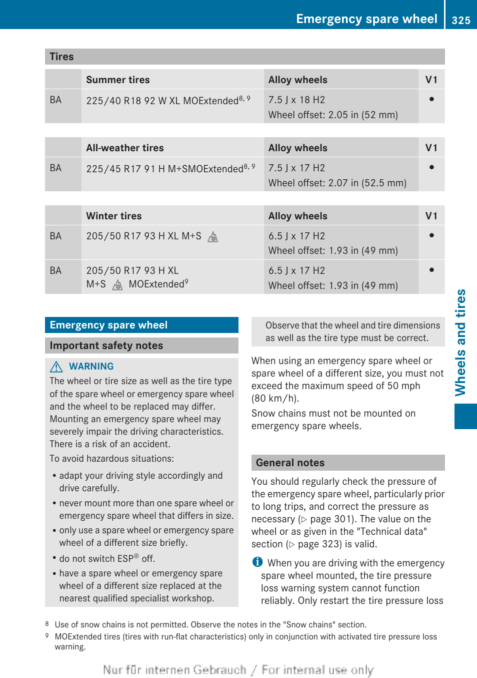 Tires, Emergency spare wheel, Important safety notes | General notes, Wheels and tires | Mercedes-Benz 2012 B Class User Manual | Page 327 / 340