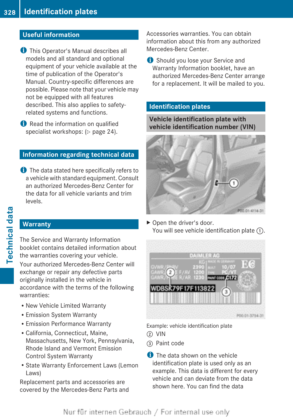 Technical data, Useful information, Information regarding technical data | Warranty, Identification plates | Mercedes-Benz 2012 B Class User Manual | Page 330 / 340