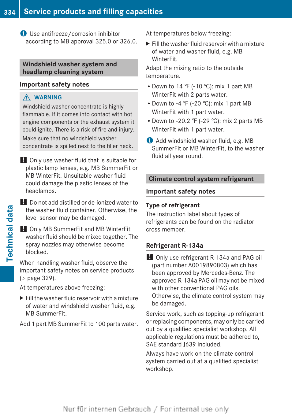 Climate control system refrigerant, Technical data, Service products and filling capacities | Mercedes-Benz 2012 B Class User Manual | Page 336 / 340