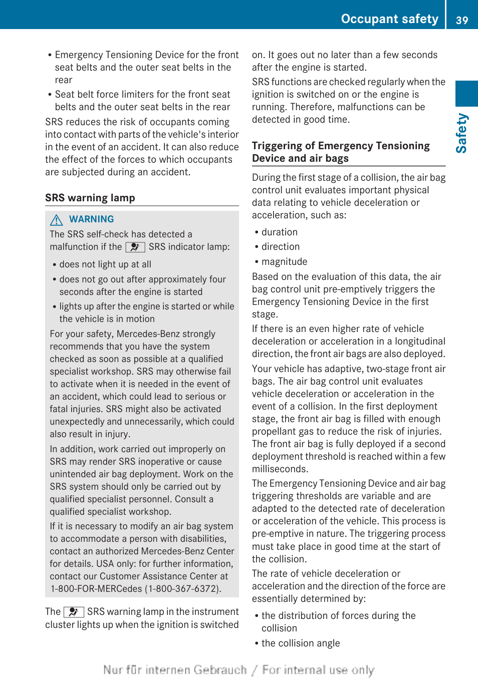 Safety, Occupant safety | Mercedes-Benz 2012 B Class User Manual | Page 41 / 340
