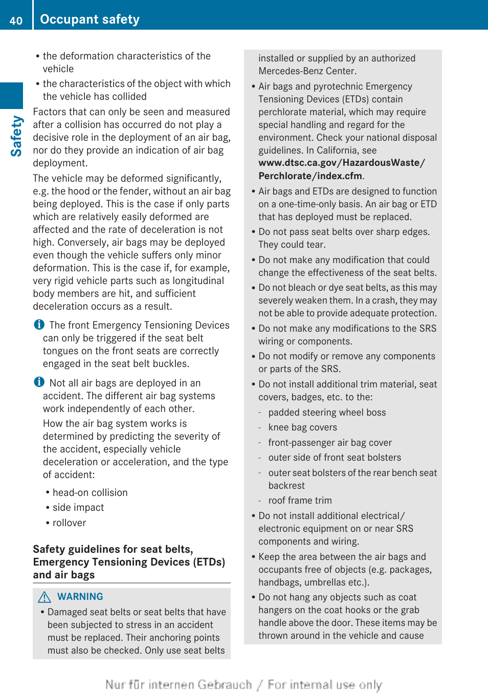 Safety, Occupant safety | Mercedes-Benz 2012 B Class User Manual | Page 42 / 340