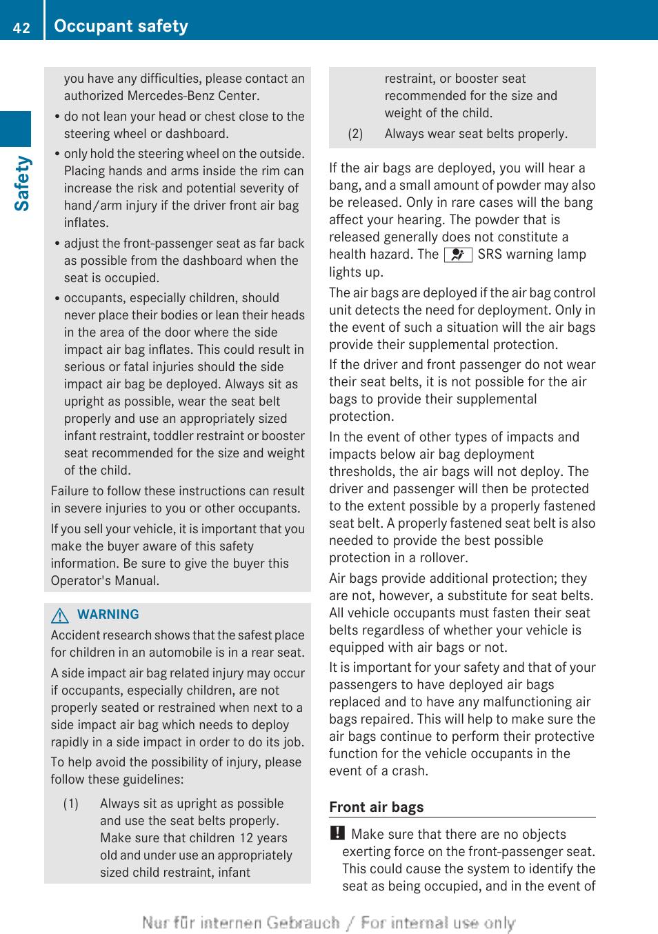 Safety, Occupant safety | Mercedes-Benz 2012 B Class User Manual | Page 44 / 340