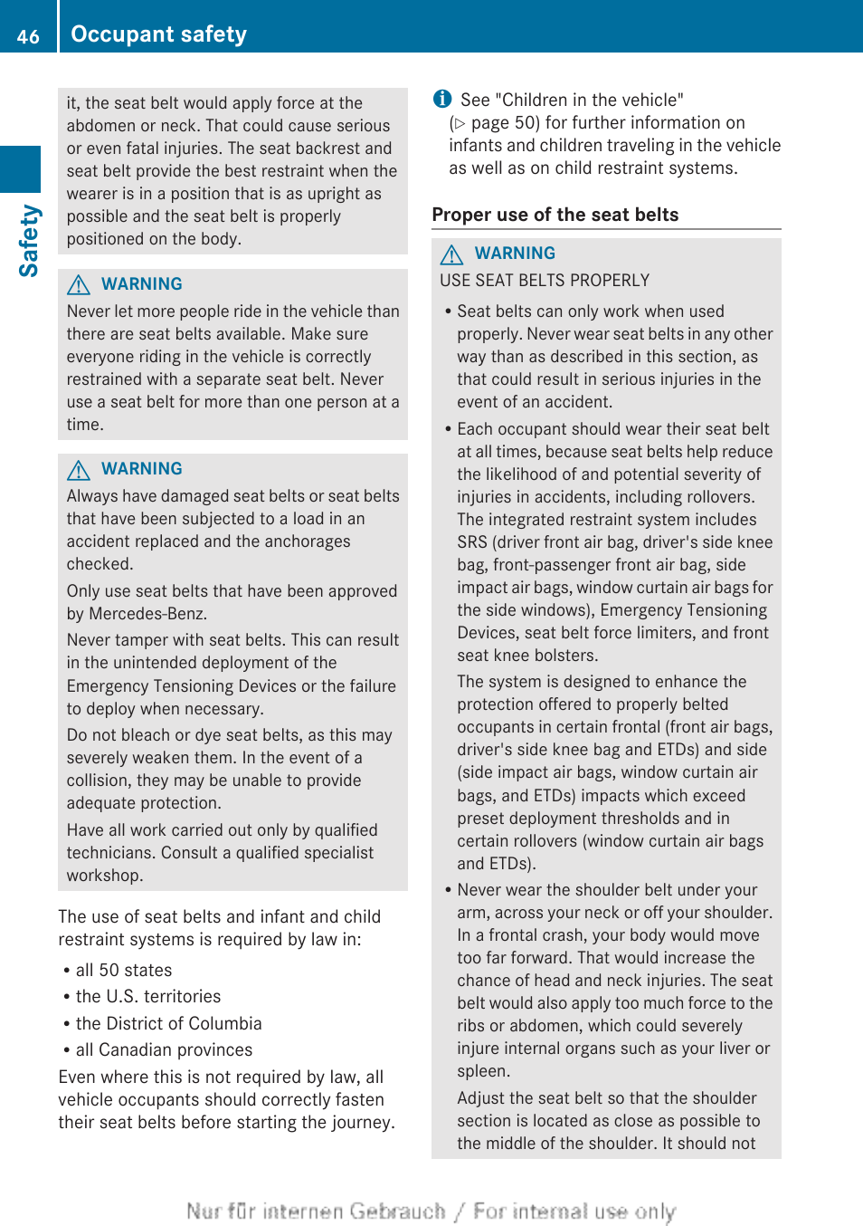 Safety, Occupant safety | Mercedes-Benz 2012 B Class User Manual | Page 48 / 340