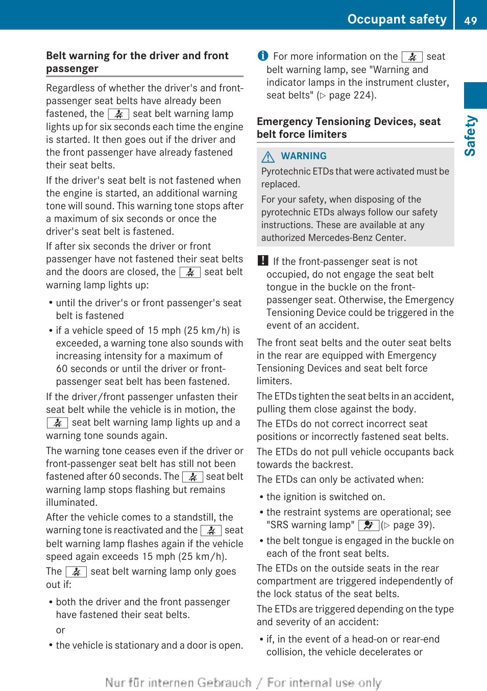 Safety, Occupant safety | Mercedes-Benz 2012 B Class User Manual | Page 51 / 340