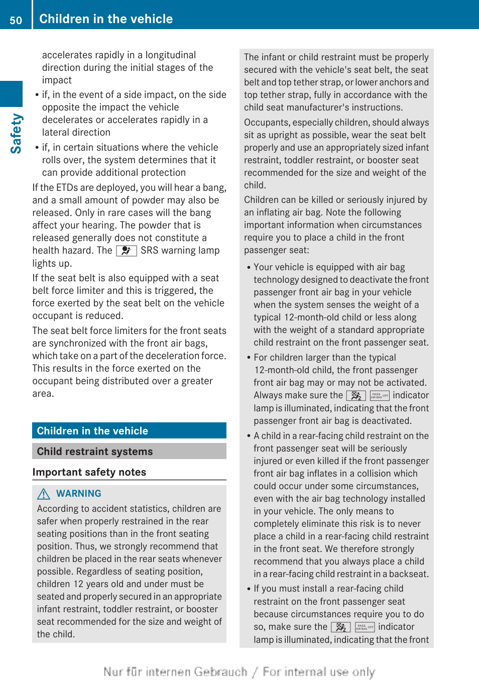 Children in the vehicle, Child restraint systems, Safety | Mercedes-Benz 2012 B Class User Manual | Page 52 / 340