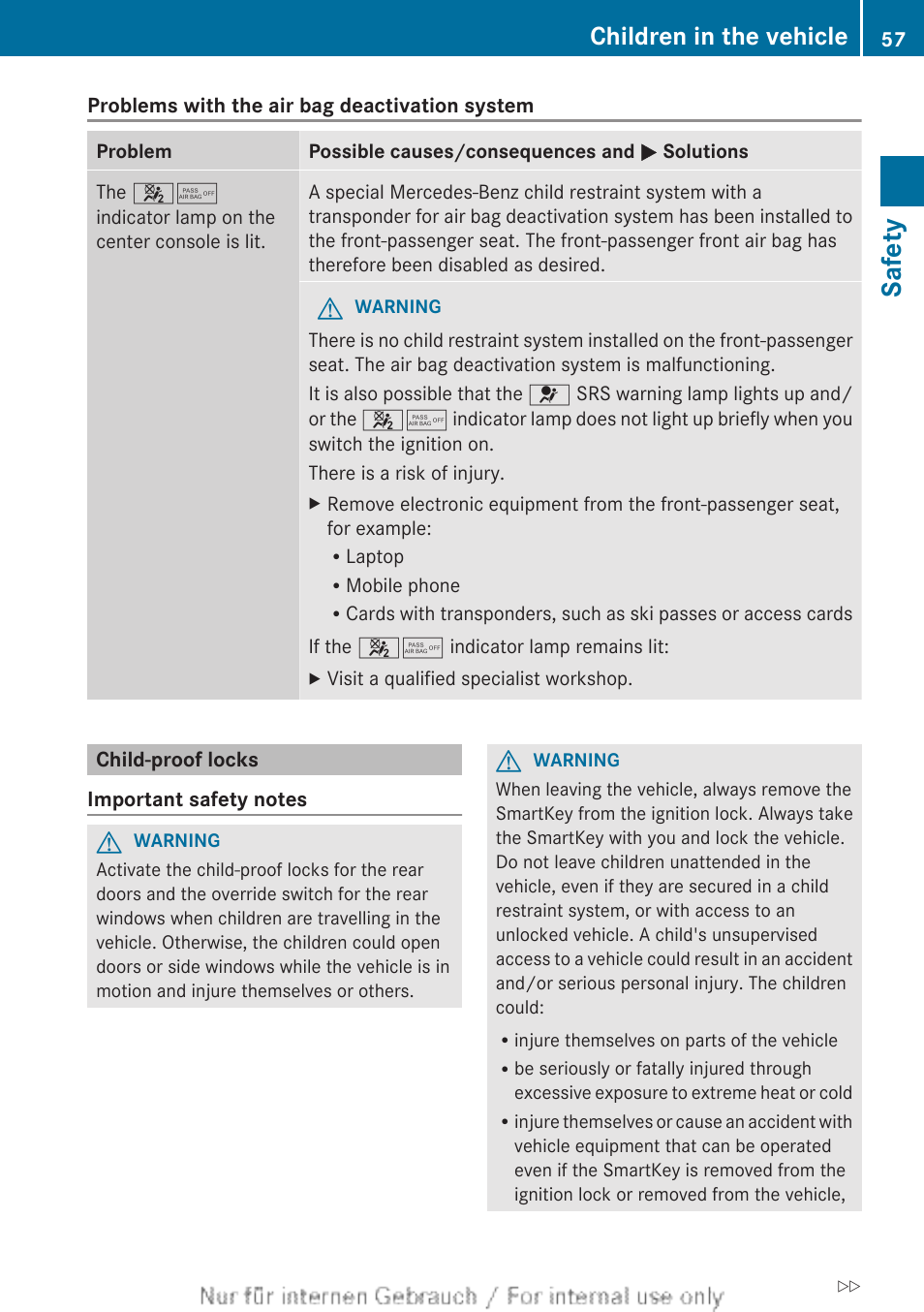 Child-proof locks, Safety, Children in the vehicle | Mercedes-Benz 2012 B Class User Manual | Page 59 / 340