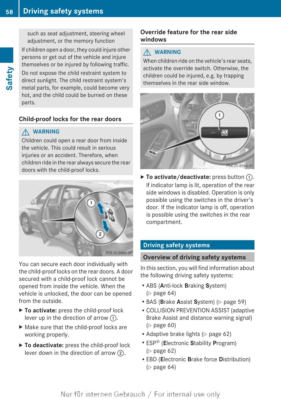 Driving safety systems, Overview of driving safety systems, Safety | Mercedes-Benz 2012 B Class User Manual | Page 60 / 340