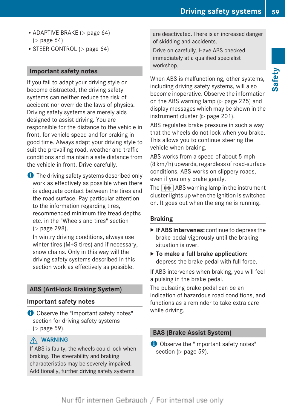 Important safety notes, Abs (anti-lock braking system), Bas (brake assist system) | Safety, Driving safety systems | Mercedes-Benz 2012 B Class User Manual | Page 61 / 340