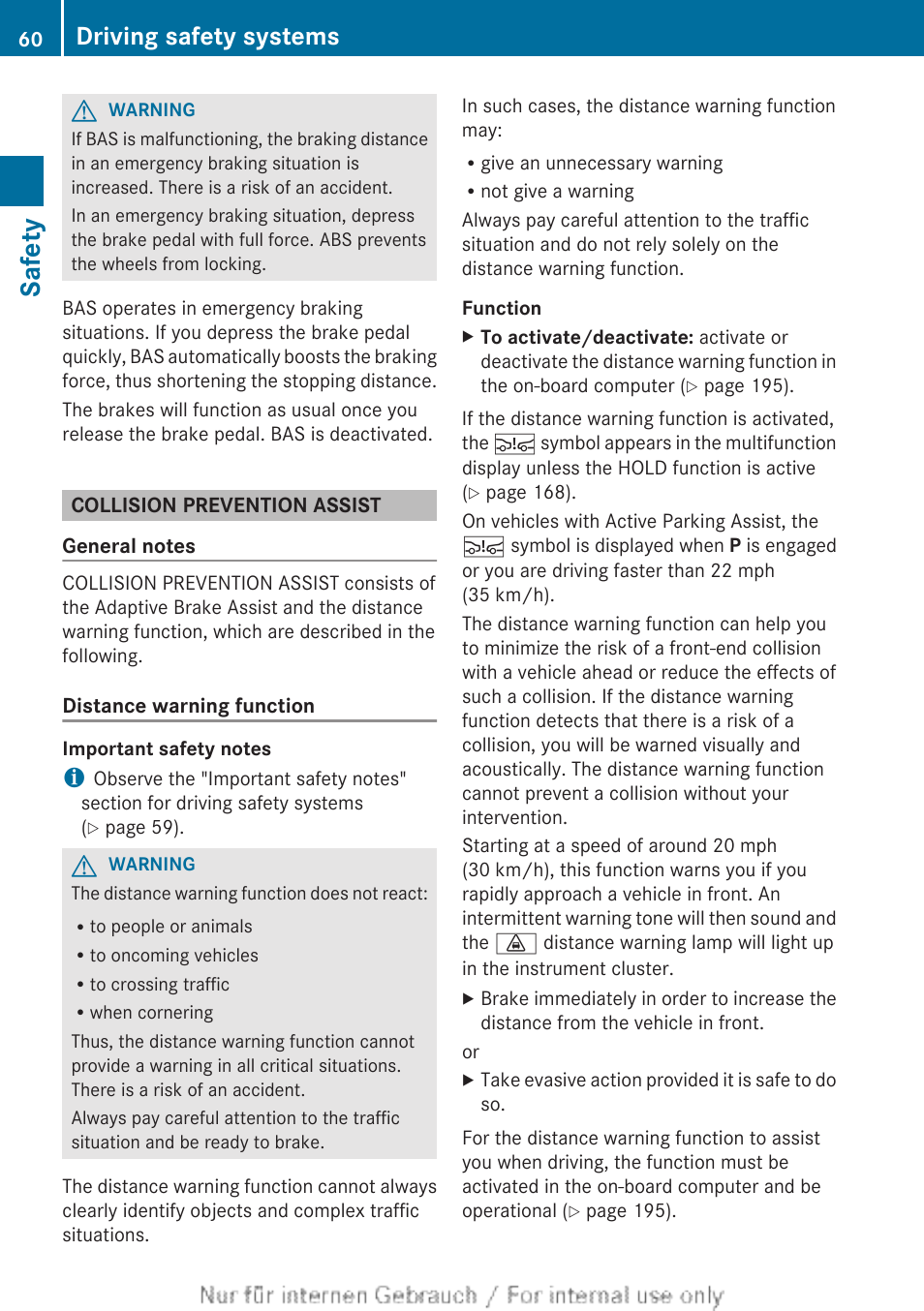 Collision prevention assist, Safety, Driving safety systems | Mercedes-Benz 2012 B Class User Manual | Page 62 / 340