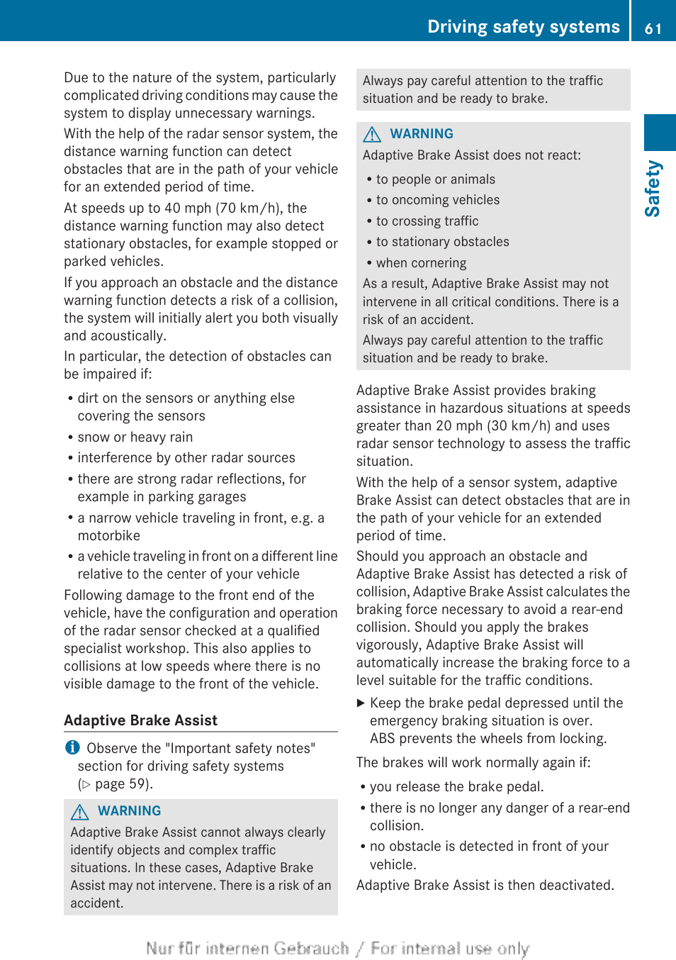 Safety, Driving safety systems | Mercedes-Benz 2012 B Class User Manual | Page 63 / 340