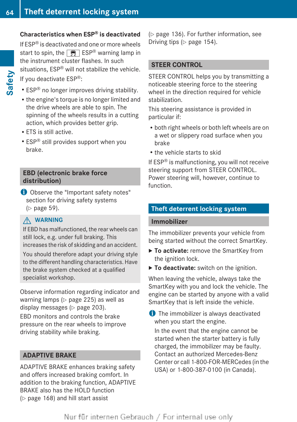 Ebd (electronic brake force distribution), Adaptive brake, Steer control | Theft deterrent locking system, Immobilizer, Safety | Mercedes-Benz 2012 B Class User Manual | Page 66 / 340