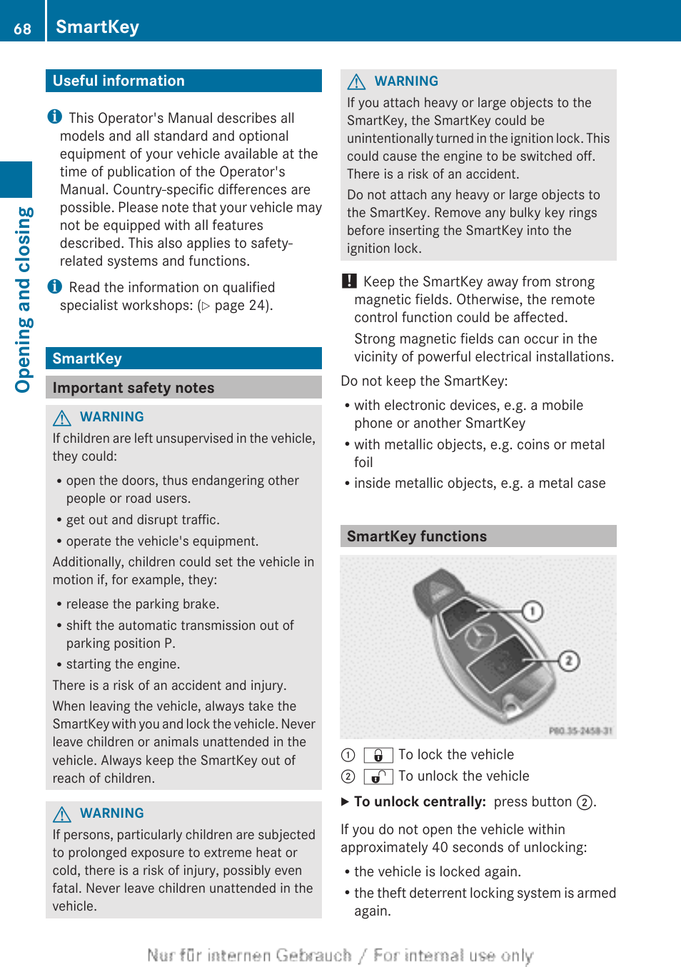 Opening and closing, Useful information, Smartkey | Important safety notes, Smartkey functions | Mercedes-Benz 2012 B Class User Manual | Page 70 / 340