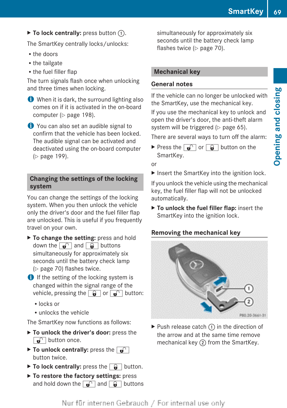 Changing the settings of the locking system, Mechanical key, Opening and closing | Smartkey | Mercedes-Benz 2012 B Class User Manual | Page 71 / 340