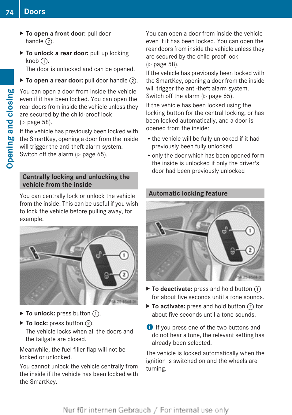 Automatic locking feature, Opening and closing, Doors | Mercedes-Benz 2012 B Class User Manual | Page 76 / 340