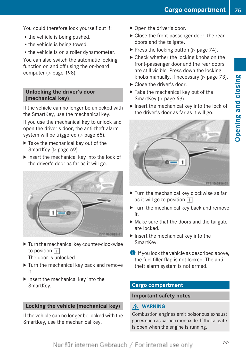 Unlocking the driver's door (mechanical key), Locking the vehicle (mechanical key), Cargo compartment | Important safety notes, Opening and closing | Mercedes-Benz 2012 B Class User Manual | Page 77 / 340