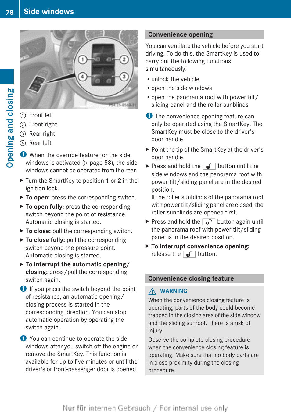 Convenience opening, Convenience closing feature, Opening and closing | Side windows | Mercedes-Benz 2012 B Class User Manual | Page 80 / 340