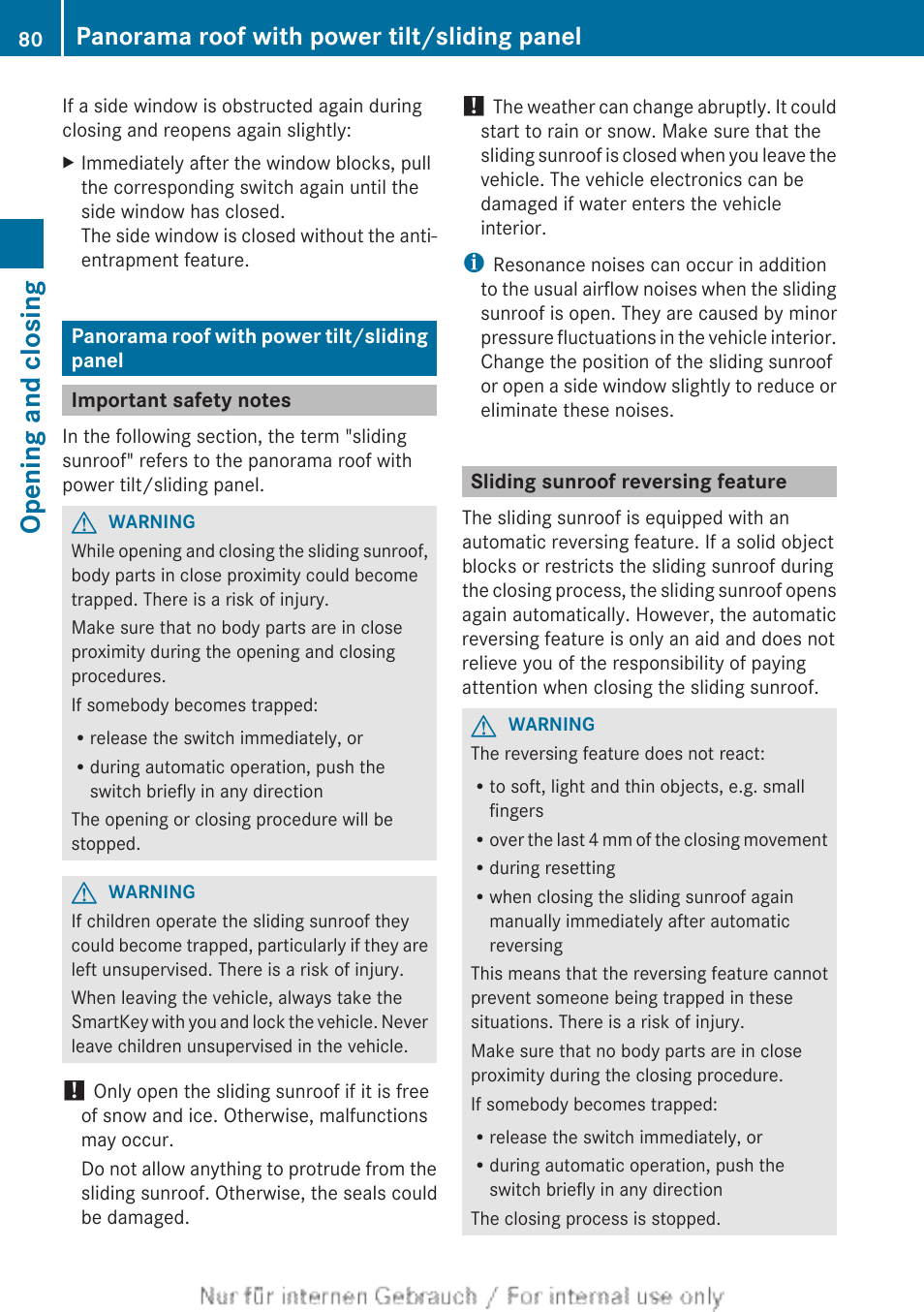 Panorama roof with power tilt/sliding panel, Important safety notes, Sliding sunroof reversing feature | Opening and closing | Mercedes-Benz 2012 B Class User Manual | Page 82 / 340