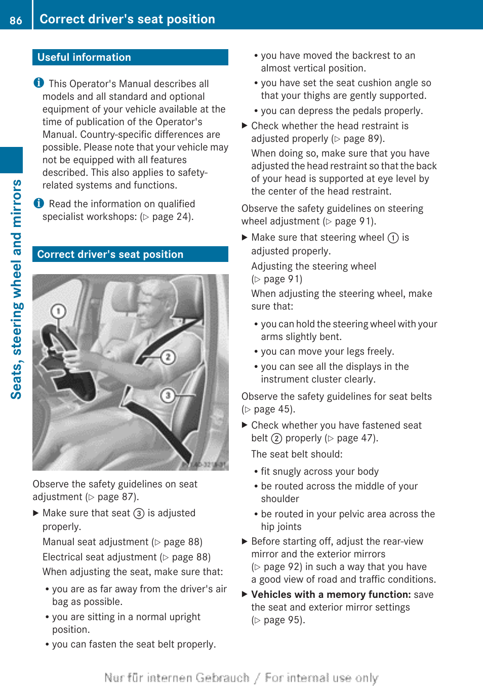 Seats, steering wheel and mirrors, Useful information, Correct driver's seat position | Mercedes-Benz 2012 B Class User Manual | Page 88 / 340