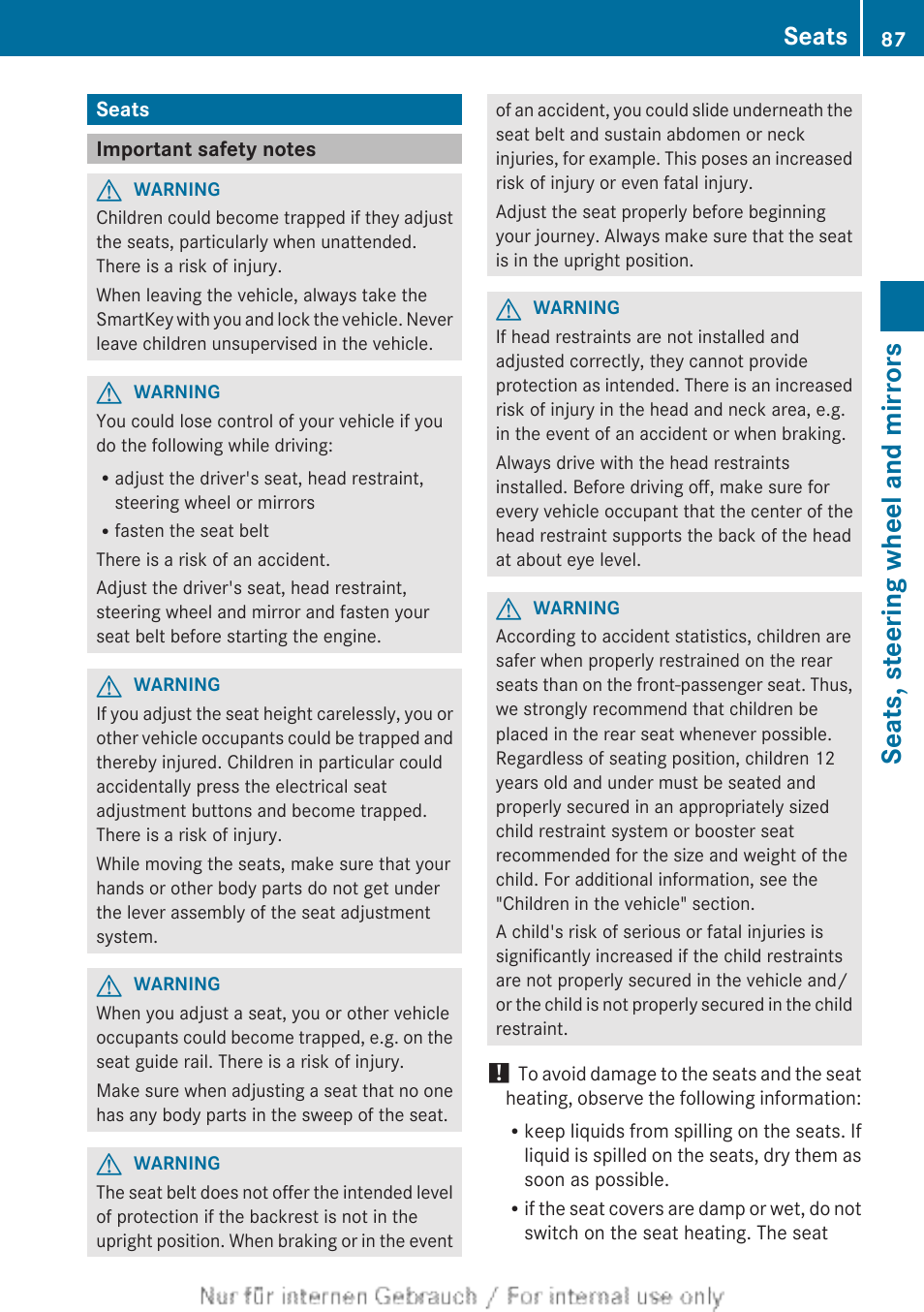 Seats, Important safety notes, Seats, steering wheel and mirrors | Mercedes-Benz 2012 B Class User Manual | Page 89 / 340