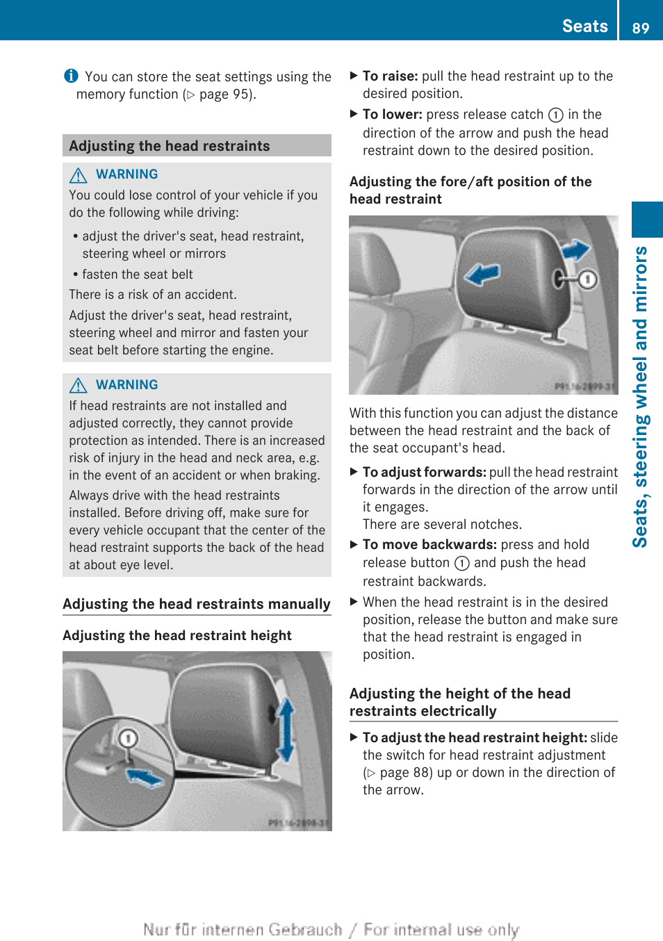 Adjusting the head restraints, Seats, steering wheel and mirrors, Seats | Mercedes-Benz 2012 B Class User Manual | Page 91 / 340