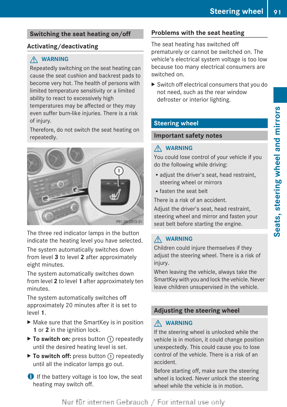 Switching the seat heating on/off, Steering wheel, Important safety notes | Adjusting the steering wheel, Seats, steering wheel and mirrors | Mercedes-Benz 2012 B Class User Manual | Page 93 / 340