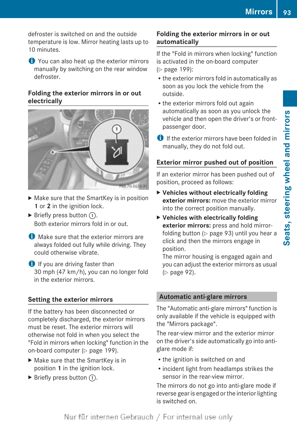 Automatic anti-glare mirrors, Seats, steering wheel and mirrors, Mirrors | Mercedes-Benz 2012 B Class User Manual | Page 95 / 340