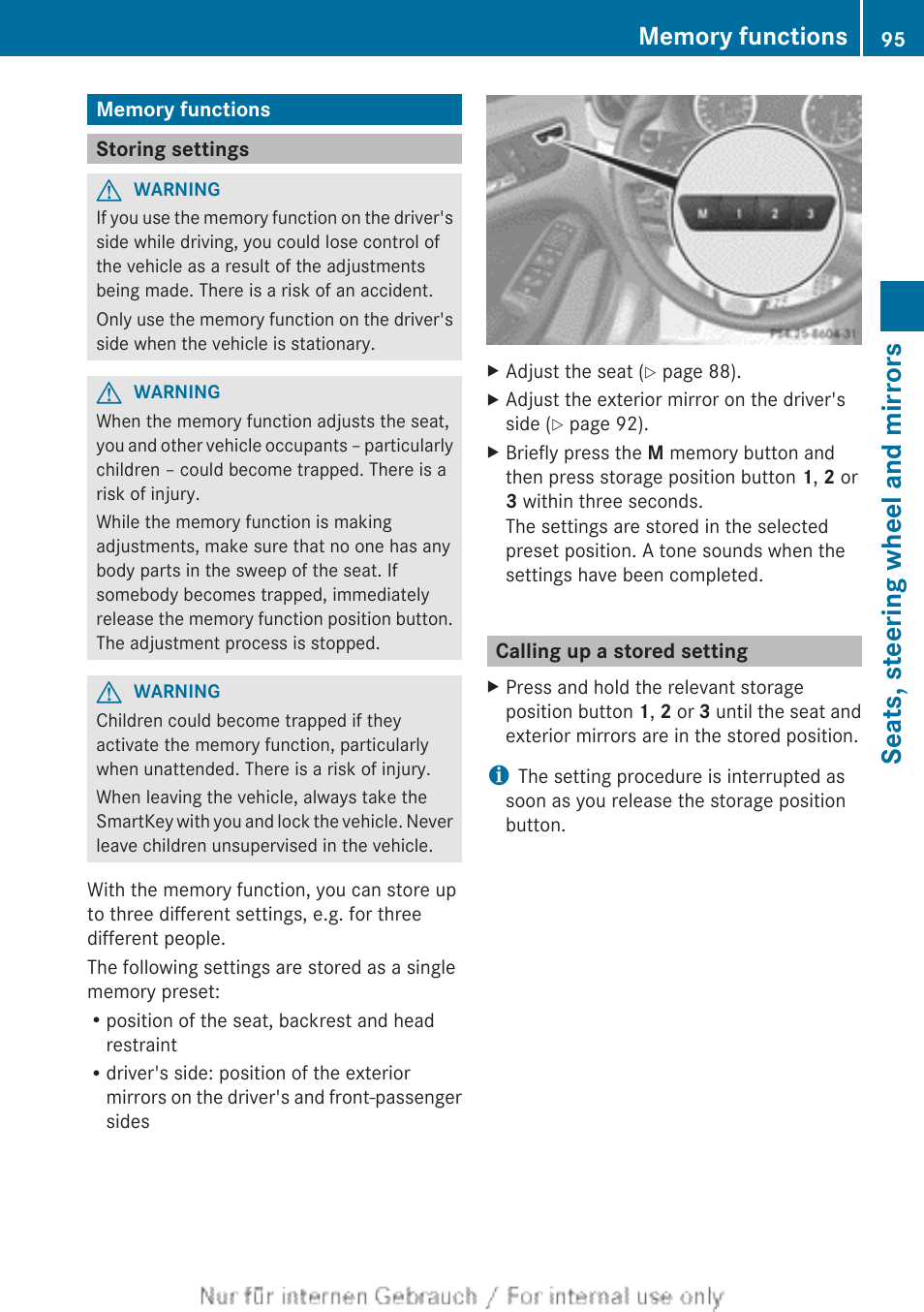 Memory functions, Storing settings, Calling up a stored setting | Seats, steering wheel and mirrors | Mercedes-Benz 2012 B Class User Manual | Page 97 / 340