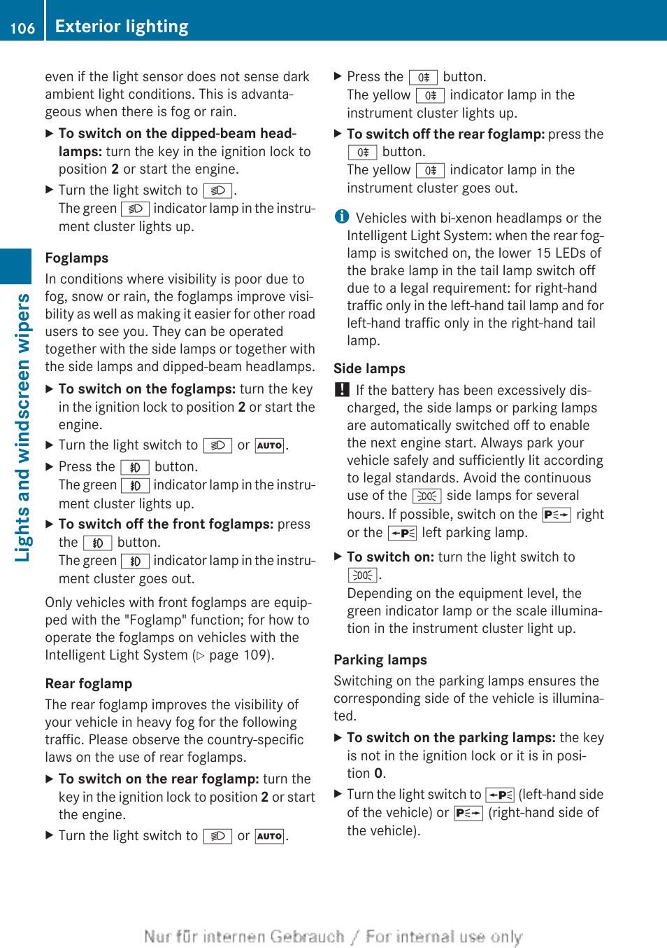 Lights and windscreen wipers, Exterior lighting | Mercedes-Benz 2012 A Class User Manual | Page 108 / 356