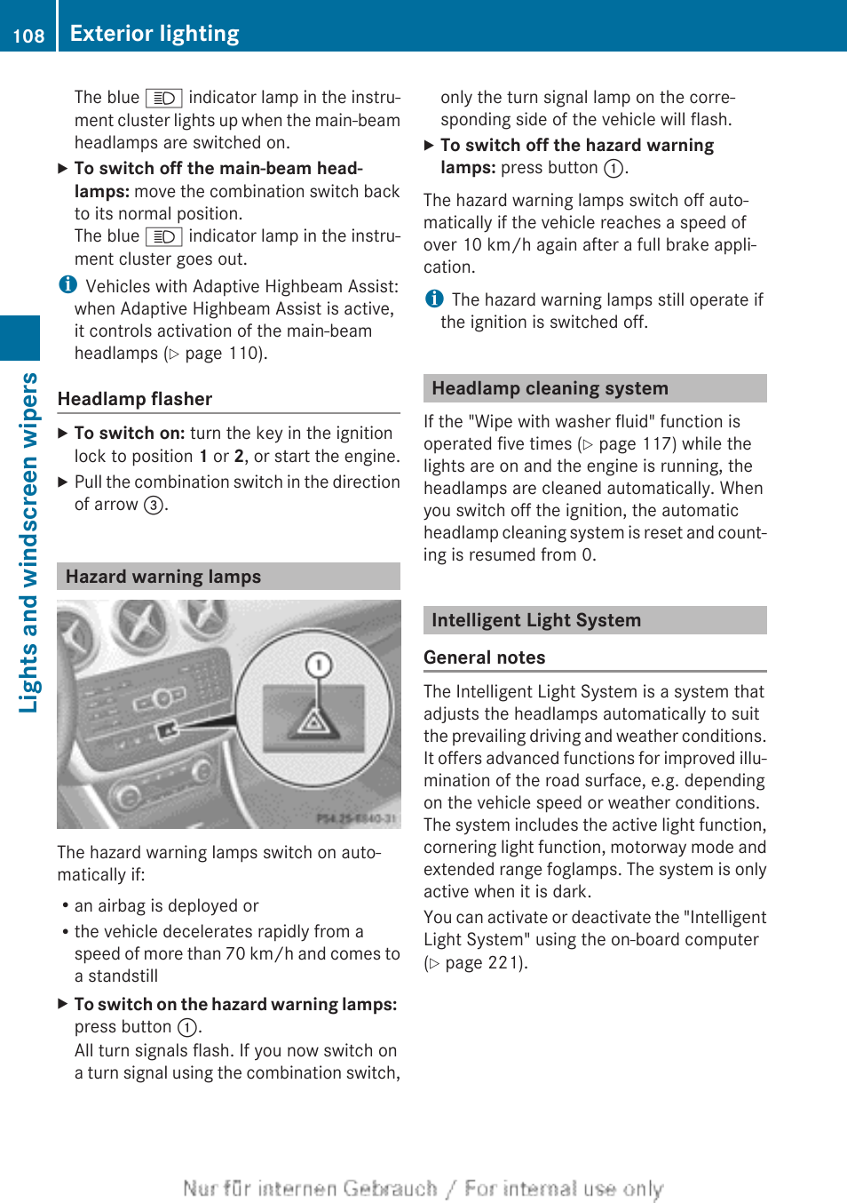 Hazard warning lamps, Headlamp cleaning system, Intelligent light system | Lights and windscreen wipers, Exterior lighting | Mercedes-Benz 2012 A Class User Manual | Page 110 / 356