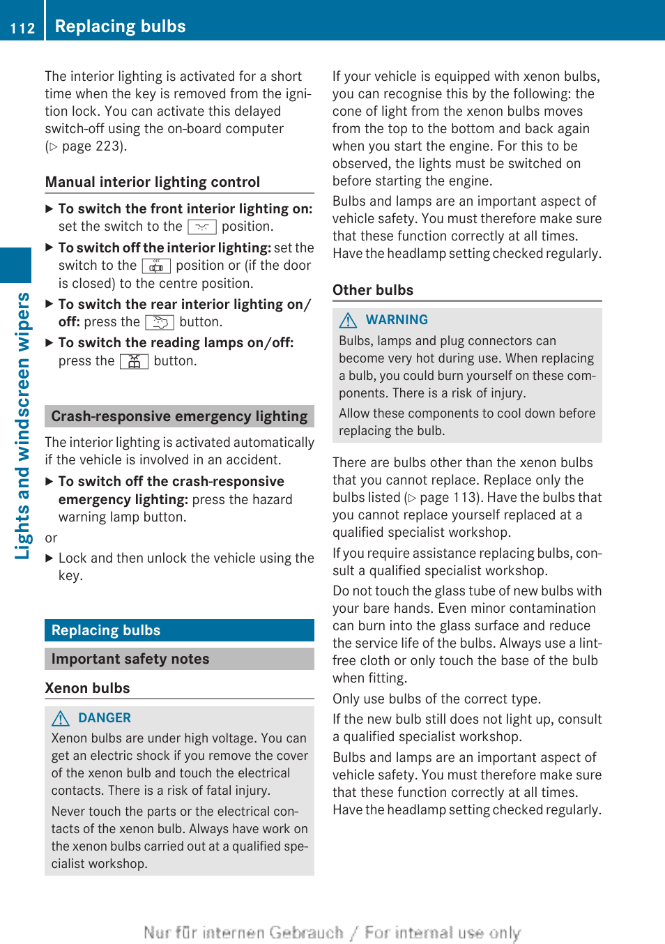 Crash-responsive emergency lighting, Replacing bulbs, Important safety notes | Lights and windscreen wipers | Mercedes-Benz 2012 A Class User Manual | Page 114 / 356