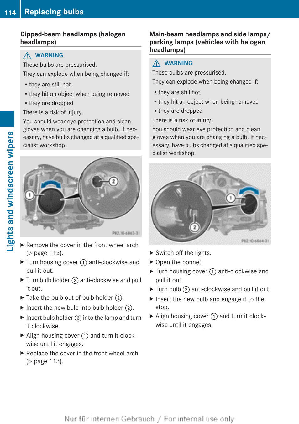 Lights and windscreen wipers, Replacing bulbs | Mercedes-Benz 2012 A Class User Manual | Page 116 / 356