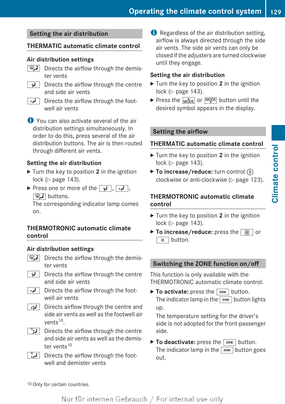 Setting the air distribution, Setting the airflow, Switching the zone function on/off | Climate control, Operating the climate control system | Mercedes-Benz 2012 A Class User Manual | Page 131 / 356