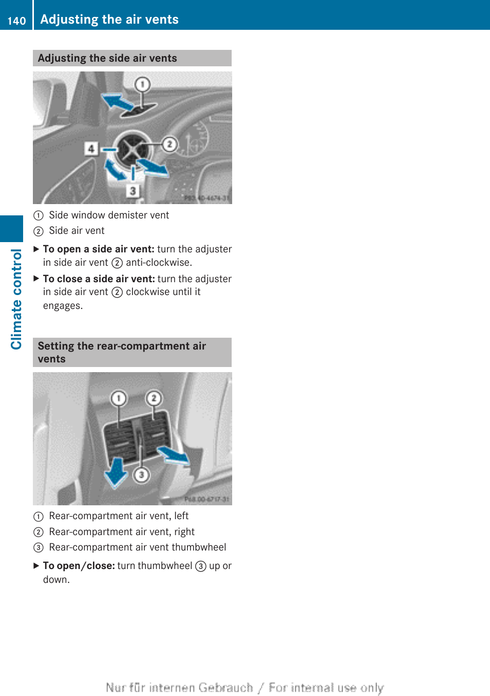 Adjusting the side air vents, Setting the rear-compartment air vents, Climate control | Adjusting the air vents | Mercedes-Benz 2012 A Class User Manual | Page 142 / 356