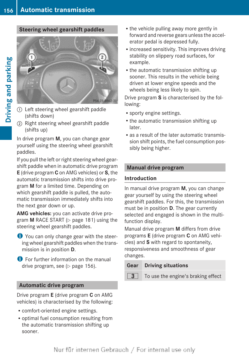 Steering wheel gearshift paddles, Automatic drive program, Manual drive program | Driving and parking, Automatic transmission | Mercedes-Benz 2012 A Class User Manual | Page 158 / 356