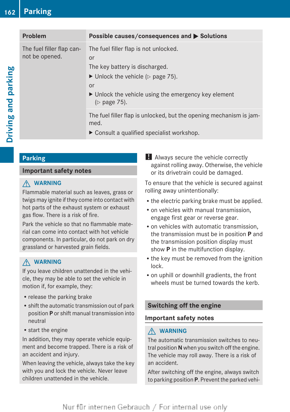 Parking, Important safety notes, Switching off the engine | Driving and parking | Mercedes-Benz 2012 A Class User Manual | Page 164 / 356