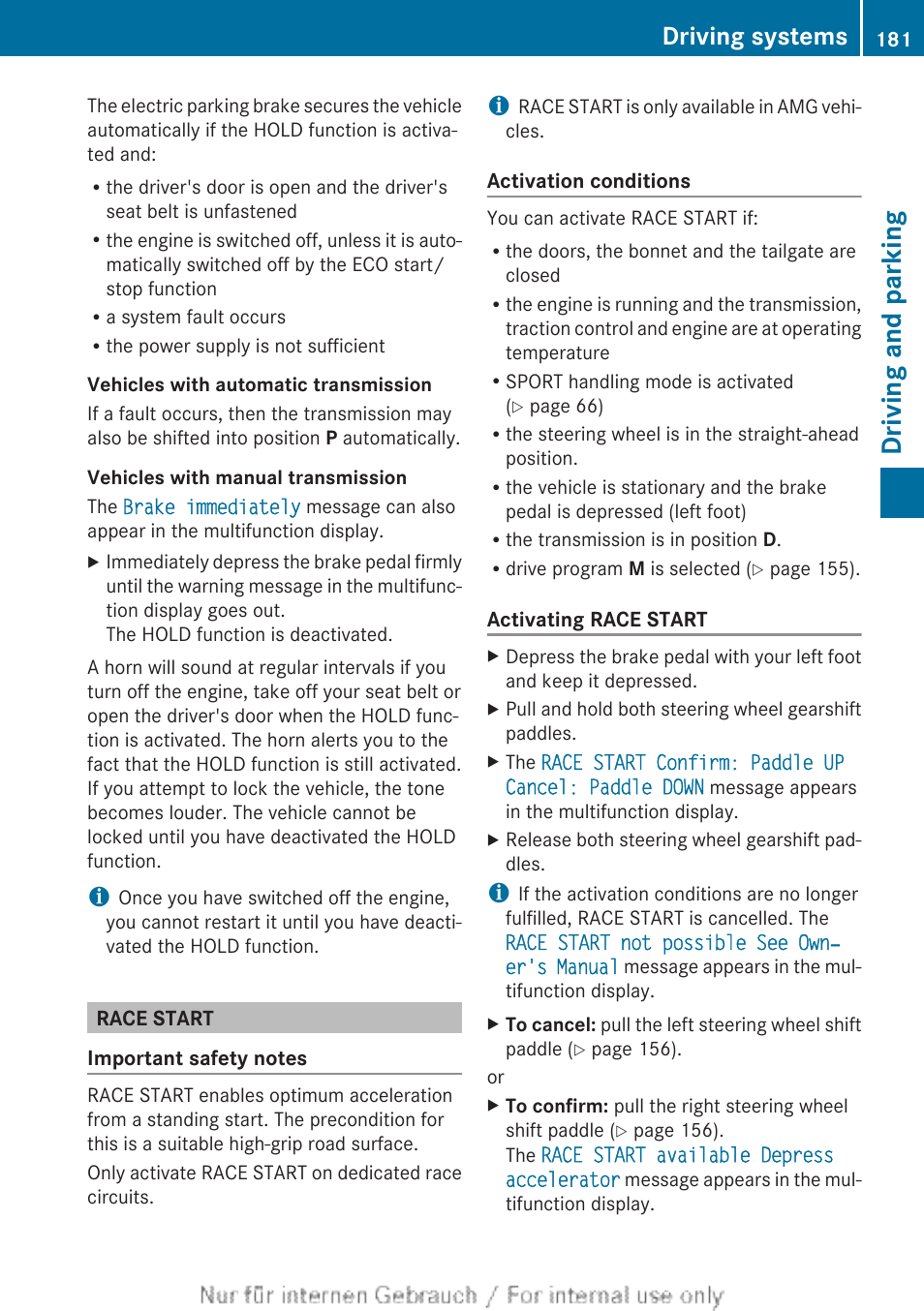 Race start, Driving and parking, Driving systems | Mercedes-Benz 2012 A Class User Manual | Page 183 / 356