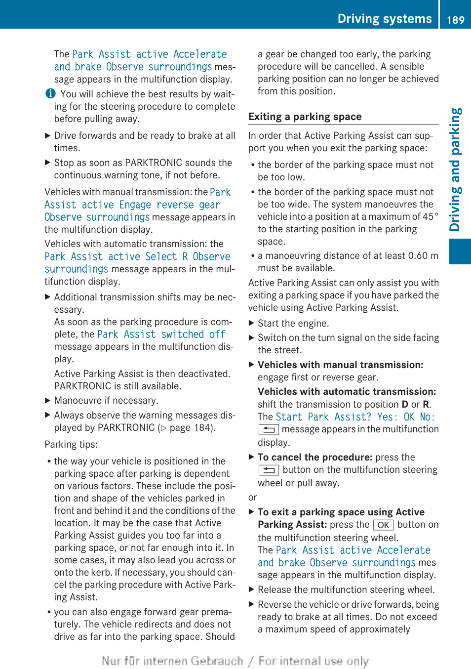 Driving and parking, Driving systems | Mercedes-Benz 2012 A Class User Manual | Page 191 / 356