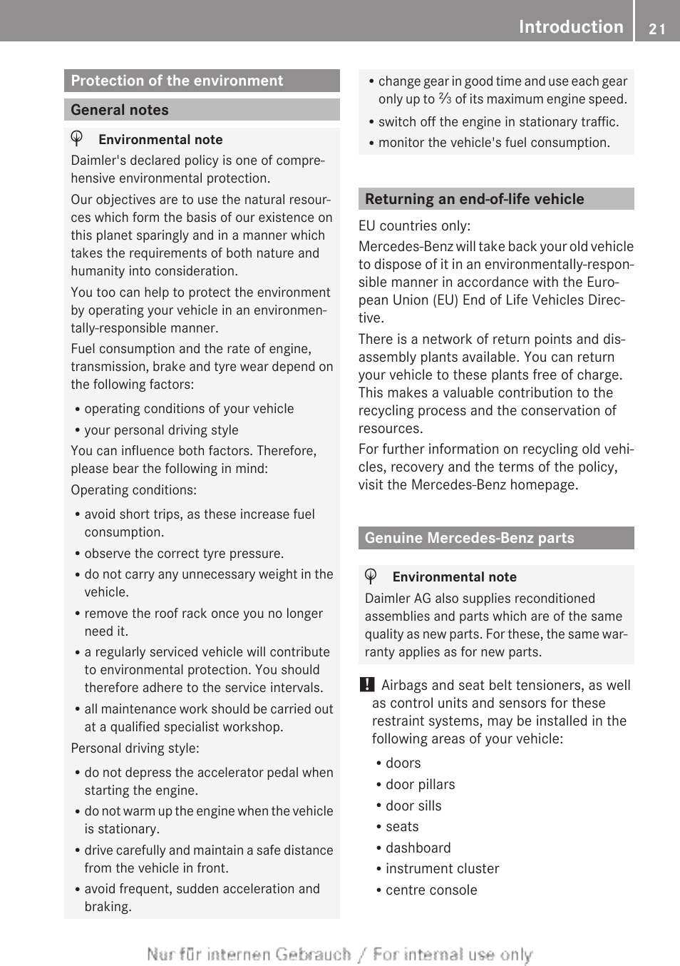 Introduction, Protection of the environment, General notes | Returning an end-of-life vehicle, Genuine mercedes-benz parts | Mercedes-Benz 2012 A Class User Manual | Page 23 / 356
