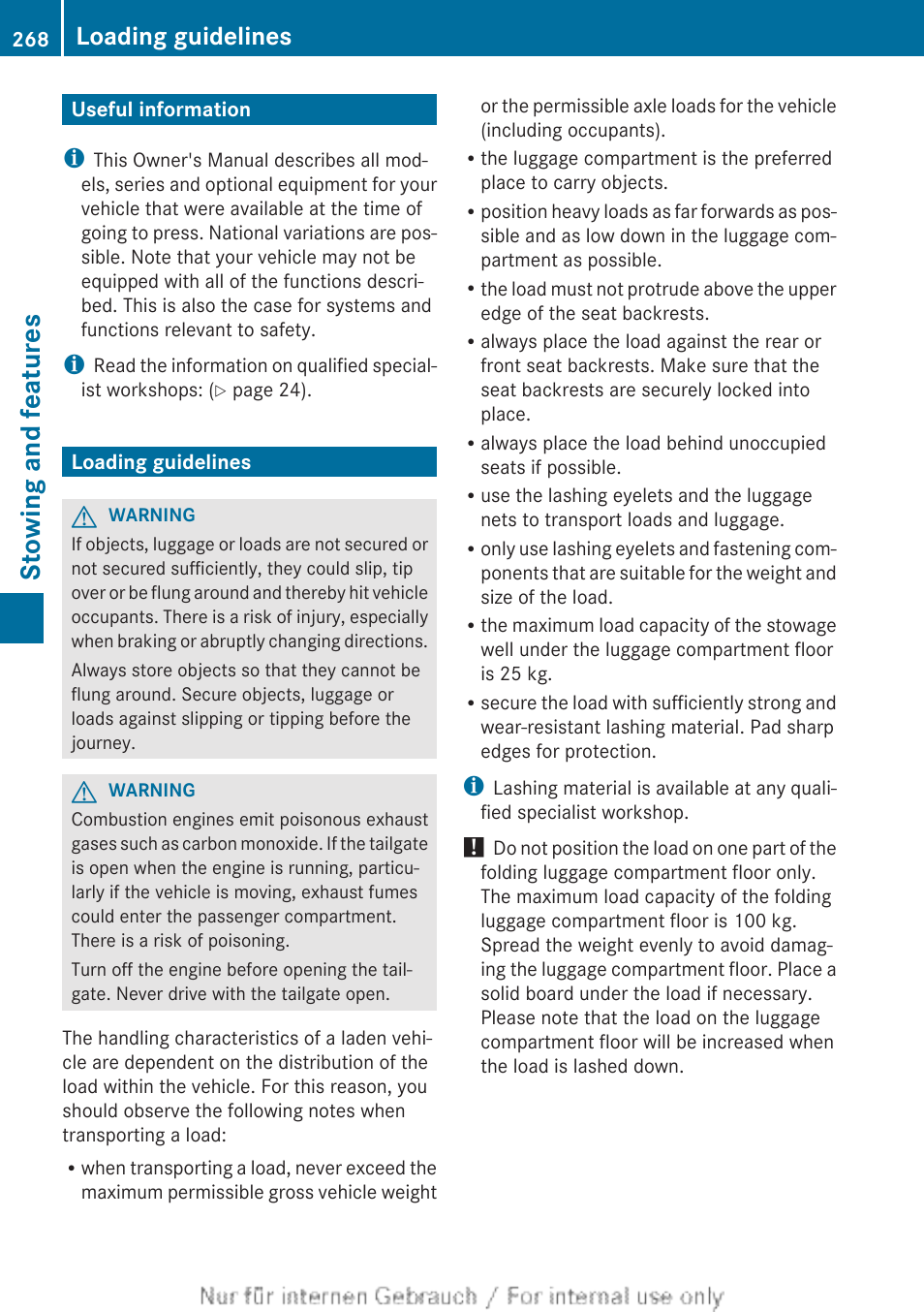 Stowing and features, Useful information, Loading guidelines | Mercedes-Benz 2012 A Class User Manual | Page 270 / 356