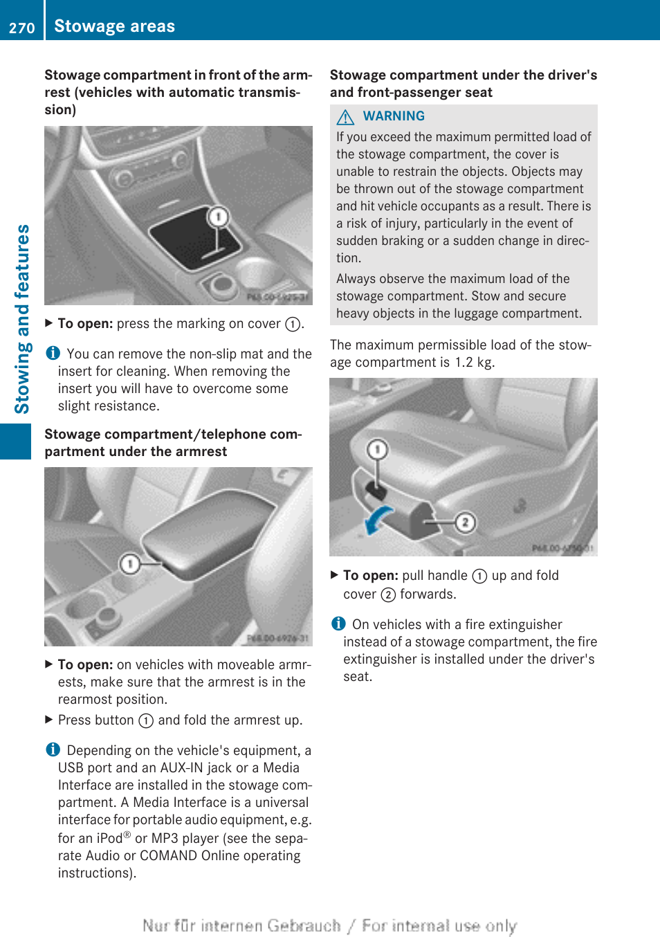 Stowing and features, Stowage areas | Mercedes-Benz 2012 A Class User Manual | Page 272 / 356