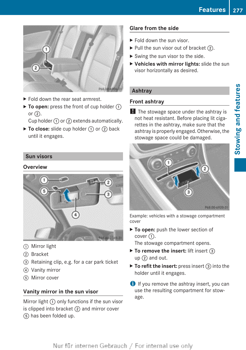 Sun visors, Ashtray, Stowing and features | Features | Mercedes-Benz 2012 A Class User Manual | Page 279 / 356