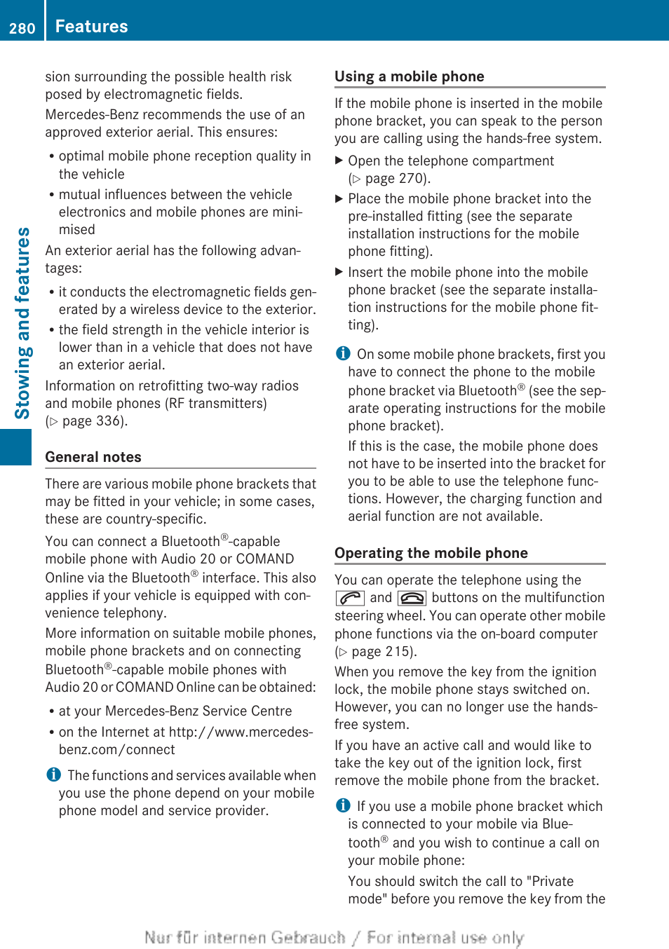 Stowing and features, Features | Mercedes-Benz 2012 A Class User Manual | Page 282 / 356