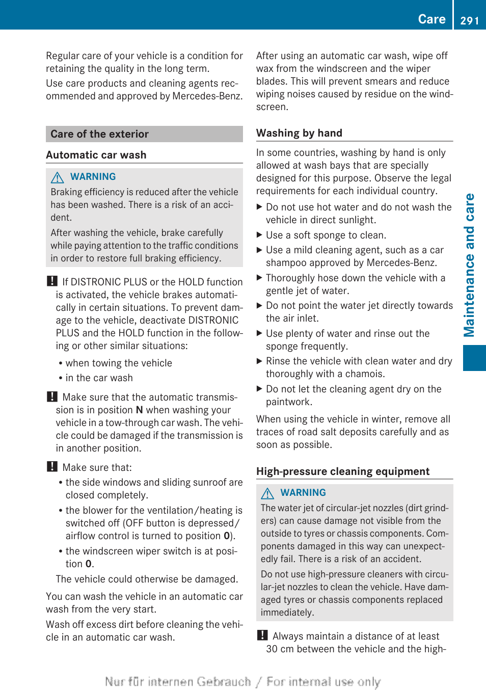 Care of the exterior, Maintenance and care, Care | Mercedes-Benz 2012 A Class User Manual | Page 293 / 356