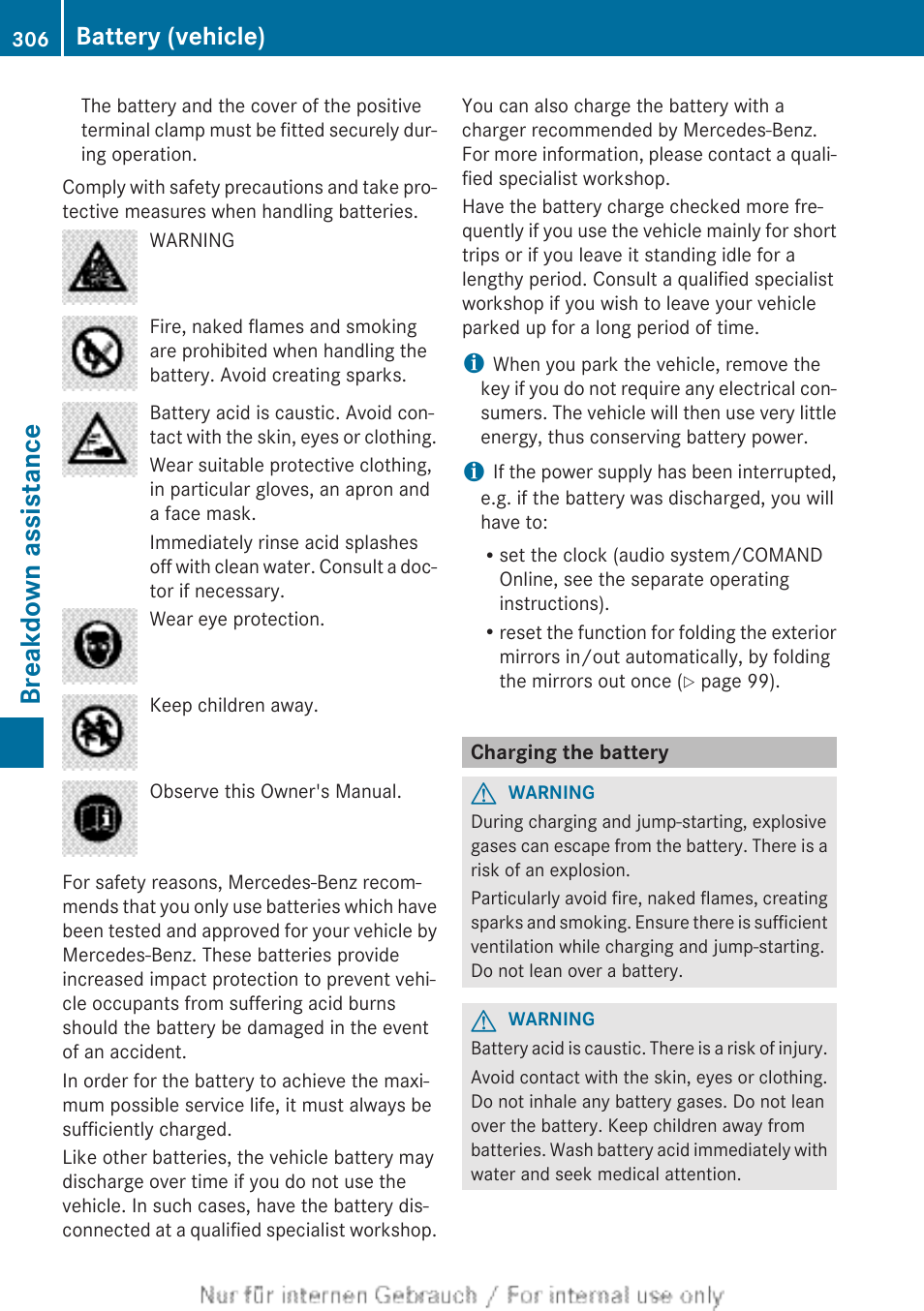 Charging the battery, Breakdown assistance, Battery (vehicle) | Mercedes-Benz 2012 A Class User Manual | Page 308 / 356
