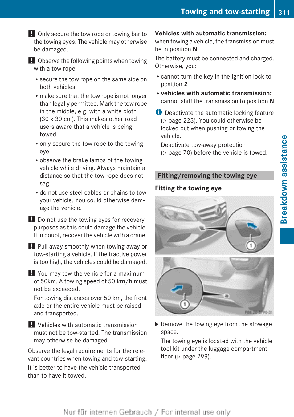 Fitting/removing the towing eye, Breakdown assistance, Towing and tow-starting | Mercedes-Benz 2012 A Class User Manual | Page 313 / 356