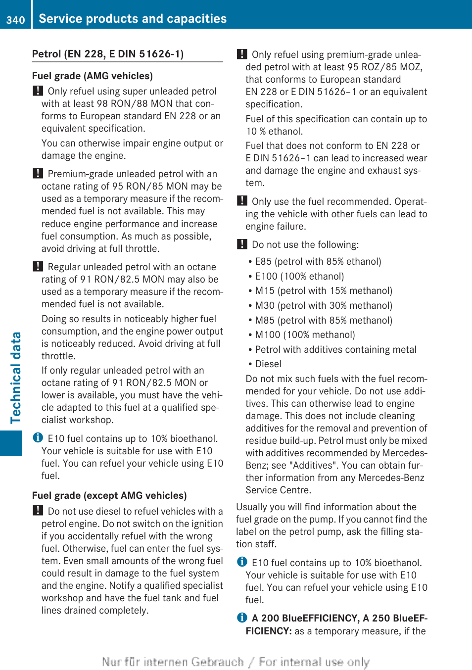 Technical data, Service products and capacities | Mercedes-Benz 2012 A Class User Manual | Page 342 / 356
